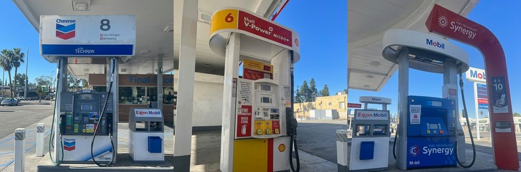 Chevron Techron, Shell V-Power, Mobil Synergy 등 미국 주요 개솔린 브랜드의 세정 첨가제 기술을 보여주는 이미지